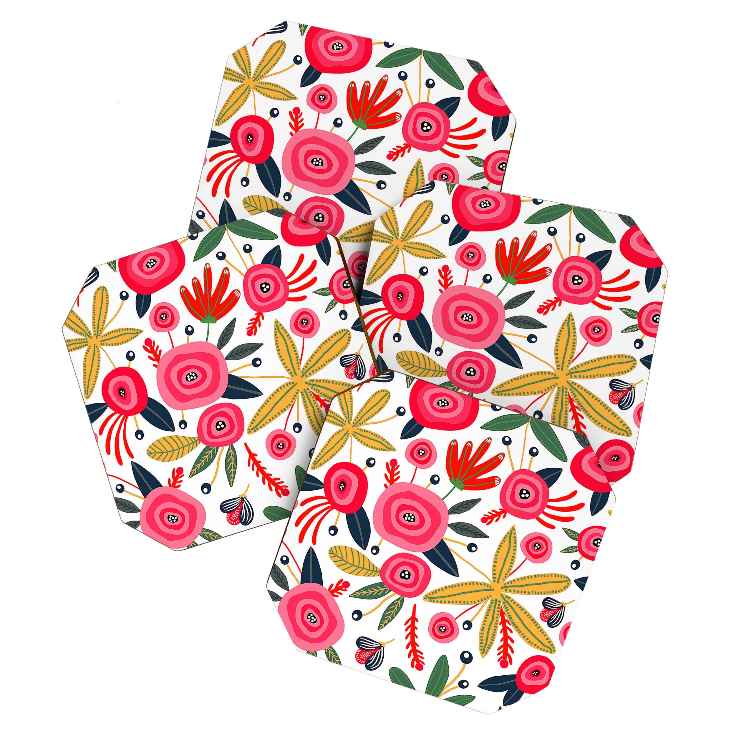 Mid-Century Modern Pink Floral And Leaves Designs Coaster Gallery Image 1