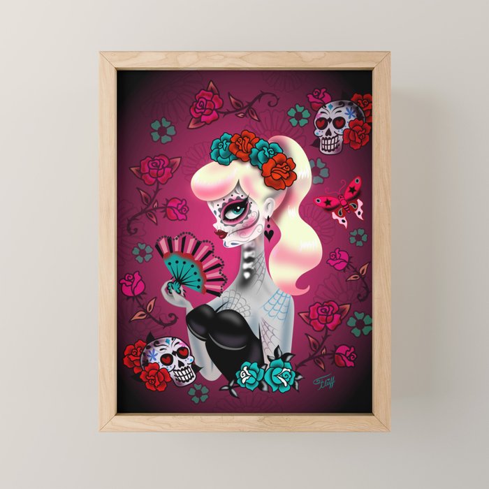 Rockabilly Blonde Sugar Skull Girl Mini Art Print Gallery Image 1