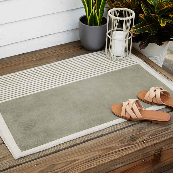 Green Lines Minimalist Modern Neutral Art Outdoor Rug Gallery Image 2