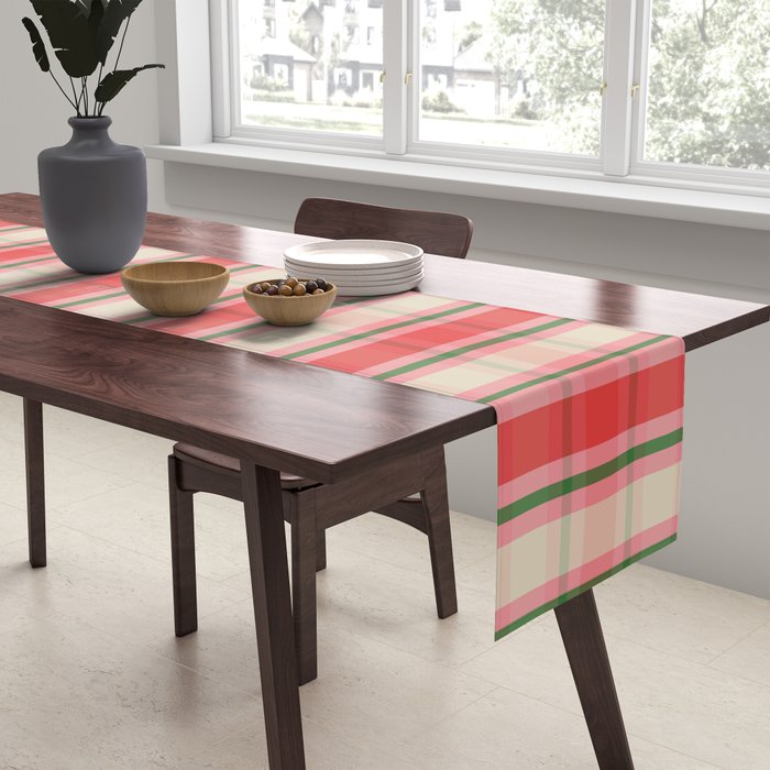 Christmas Cottage Plaid Pattern Red Pink Green Table Runner Gallery Image 2