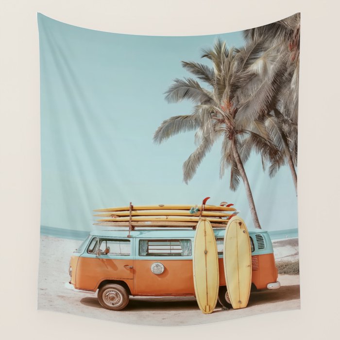 Surf Van II - Vintage Coastal Adventure Print Wall Tapestry Gallery Image 1
