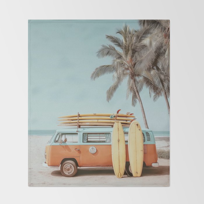 Surf Van II - Vintage Coastal Adventure Print Throw Blanket Gallery Image 2