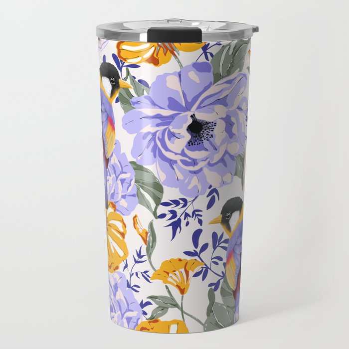 Colorful birds in garden flowers YL Travel Mug Gallery Image 1
