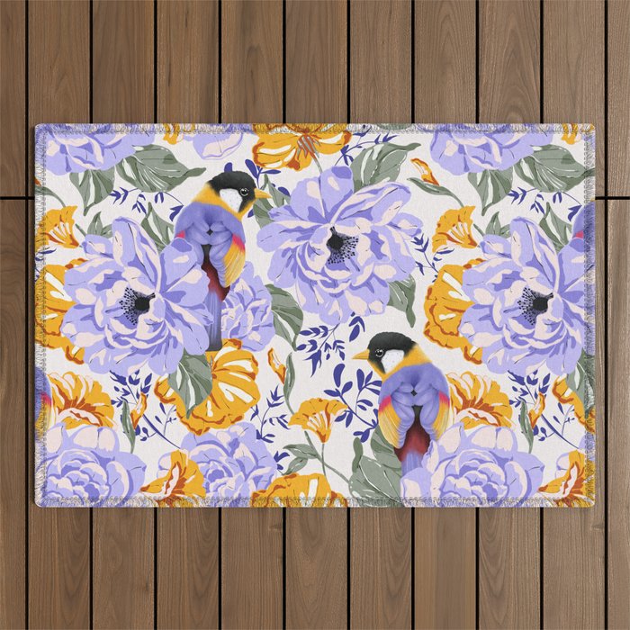 Colorful birds in garden flowers YL Outdoor Rug Gallery Image 1