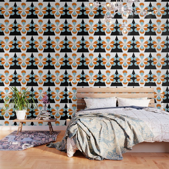 Mid-Century Modern Art 1.4 Aqua Orange Flower Wallpaper Gallery Image 3