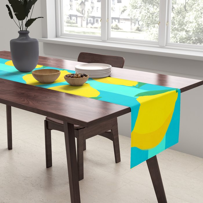 Le citron - lemon fruit market poster on aqua and turquoise stripes Table Runner Gallery Image 2