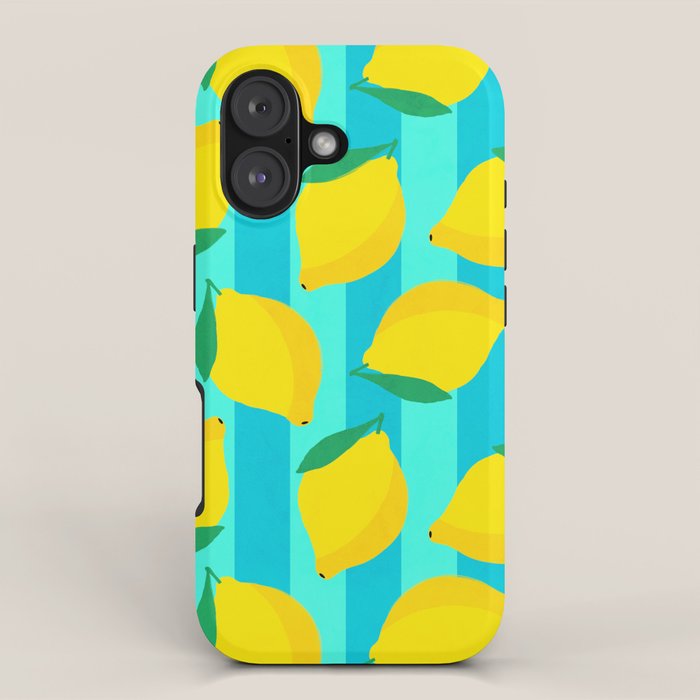 Le citron - lemon fruit market poster on aqua and turquoise stripes iPhone Case Gallery Image 1