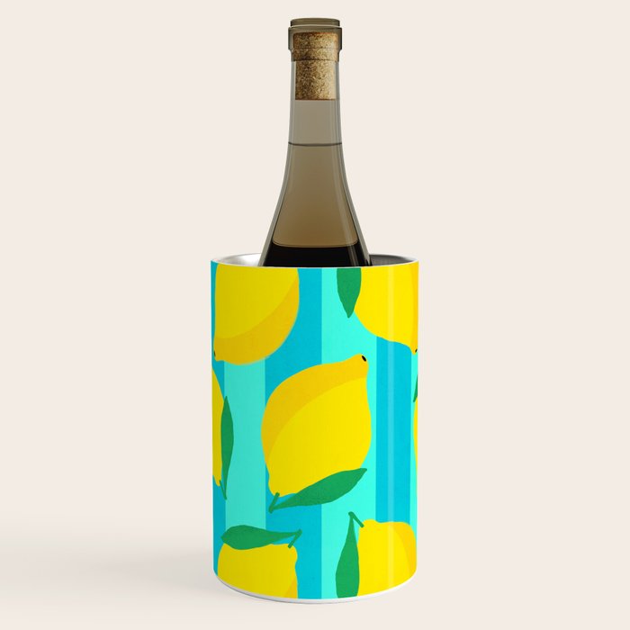 Le citron - lemon fruit market poster on aqua and turquoise stripes Wine Chiller Gallery Image 2