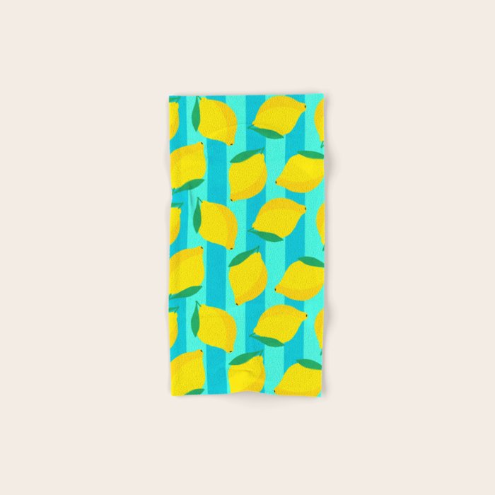 Le citron - lemon fruit market poster on aqua and turquoise stripes Bath Towel Gallery Image 1