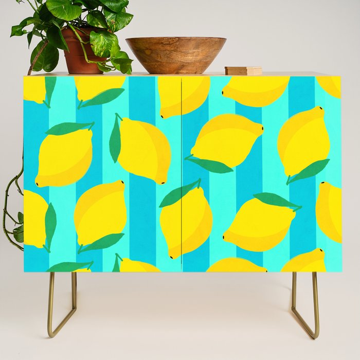 Le citron - lemon fruit market poster on aqua and turquoise stripes Credenza Gallery Image 1