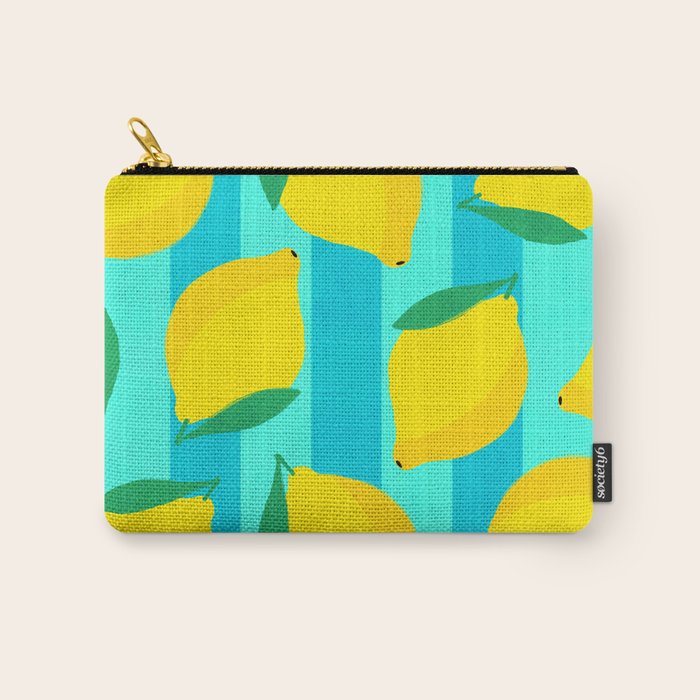 Le citron - lemon fruit market poster on aqua and turquoise stripes Carry All Pouch Gallery Image 1
