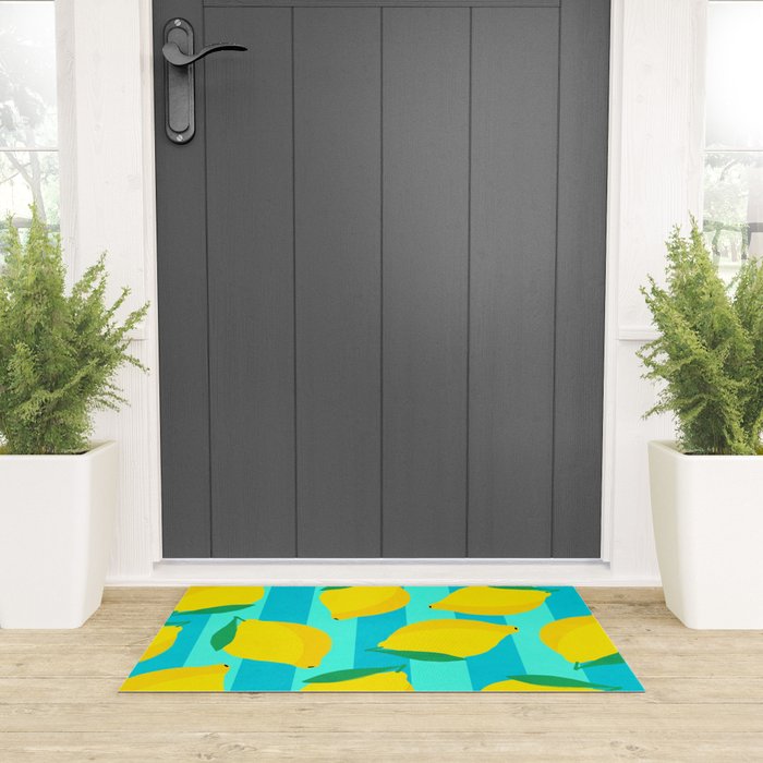 Le citron - lemon fruit market poster on aqua and turquoise stripes Welcome Mat Gallery Image 3