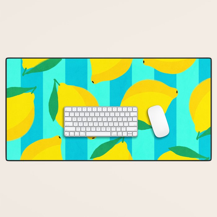 Le citron - lemon fruit market poster on aqua and turquoise stripes Desk Mat Gallery Image 1