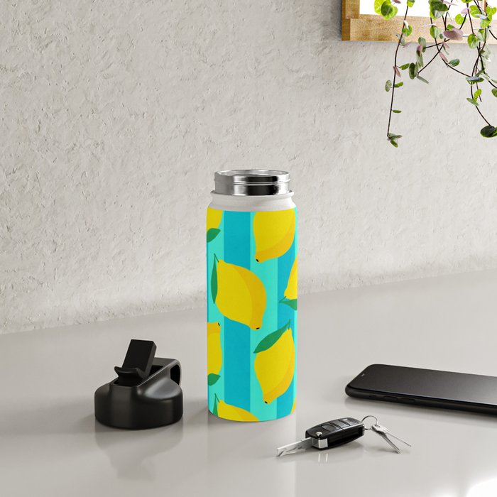 Le citron - lemon fruit market poster on aqua and turquoise stripes Water Bottle Gallery Image 4