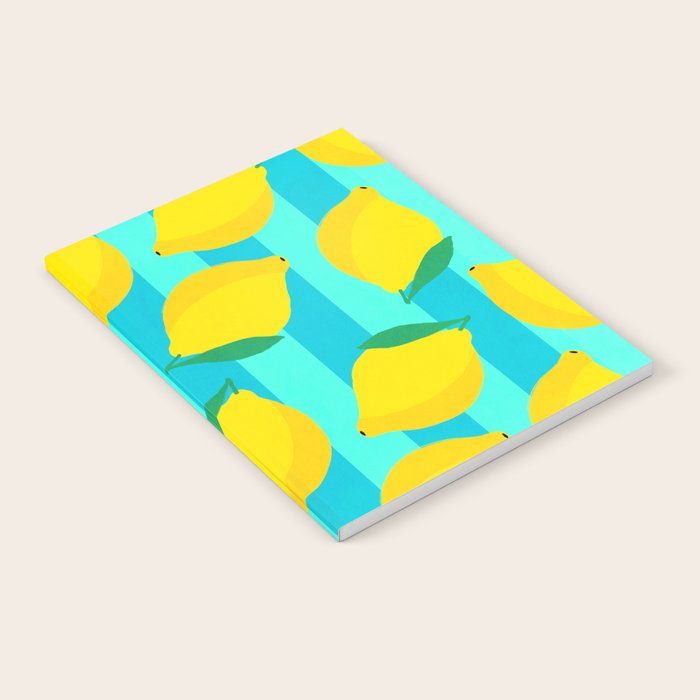 Le citron - lemon fruit market poster on aqua and turquoise stripes Notebook Gallery Image 1