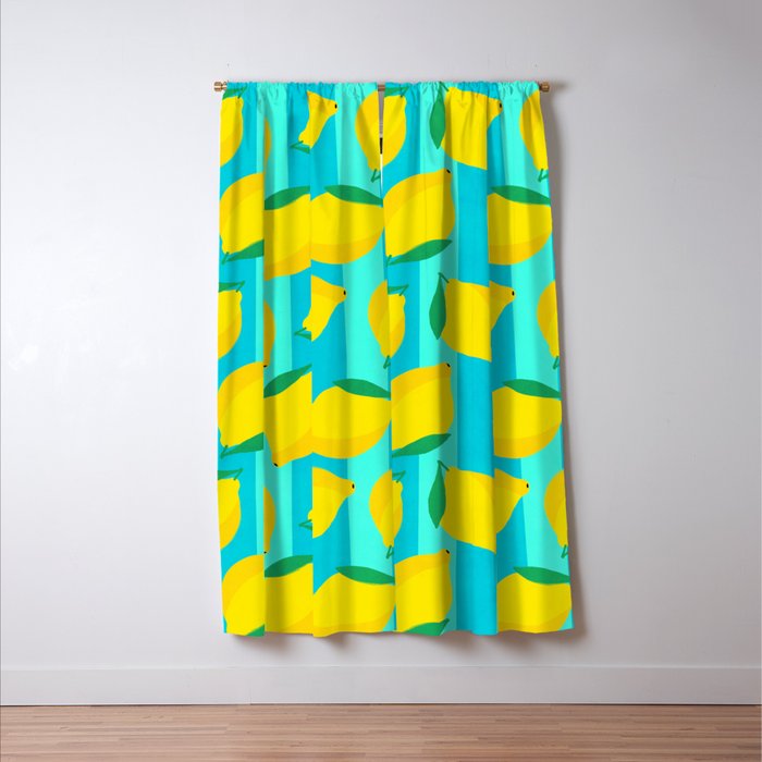 Le citron - lemon fruit market poster on aqua and turquoise stripes Window Curtain Gallery Image 3
