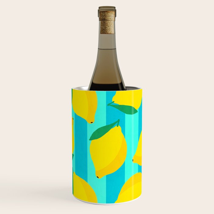 Le citron - lemon fruit market poster on aqua and turquoise stripes Wine Chiller Gallery Image 1