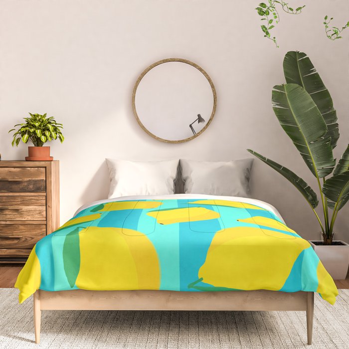 Le citron - lemon fruit market poster on aqua and turquoise stripes Comforter Gallery Image 3