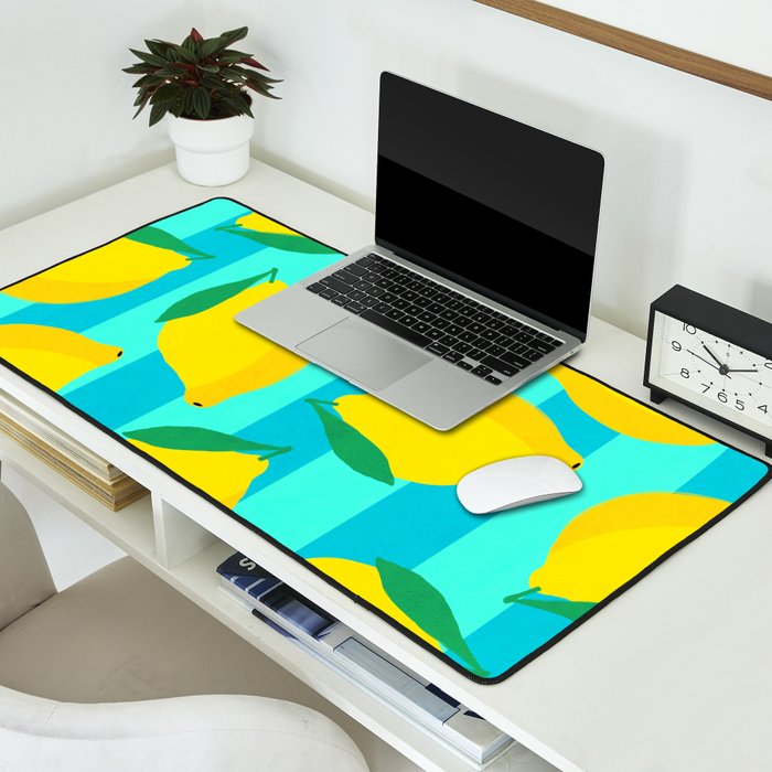 Le citron - lemon fruit market poster on aqua and turquoise stripes Desk Mat Gallery Image 2