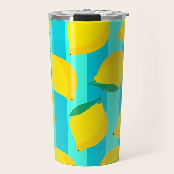 Le citron - lemon fruit market poster on aqua and turquoise stripes Travel Mug Gallery Image 1