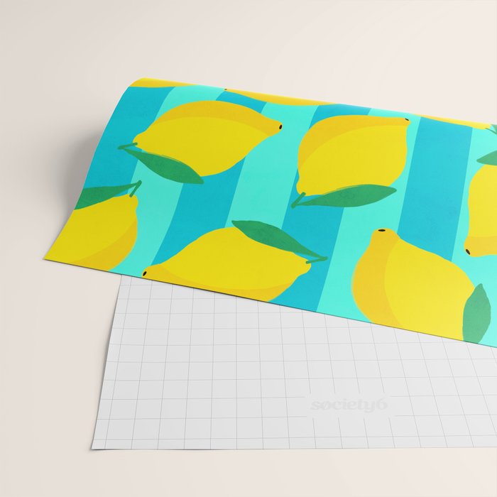 Le citron - lemon fruit market poster on aqua and turquoise stripes Wrapping Paper Gallery Image 2