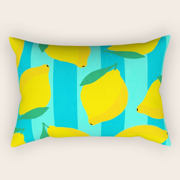 Le citron - lemon fruit market poster on aqua and turquoise stripes Rectangular Pillow Gallery Image 1