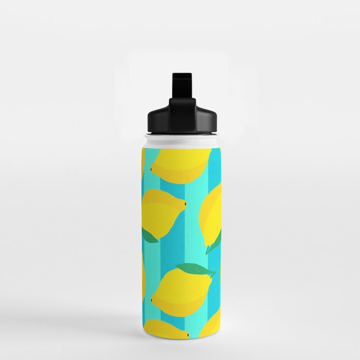 Le citron - lemon fruit market poster on aqua and turquoise stripes Water Bottle Gallery Image 2