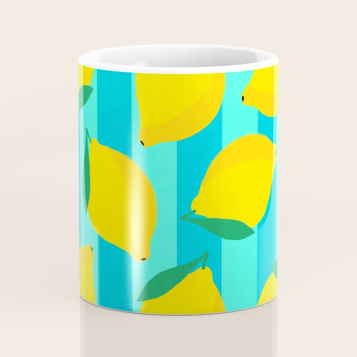 Le citron - lemon fruit market poster on aqua and turquoise stripes Coffee Mug Gallery Image 4