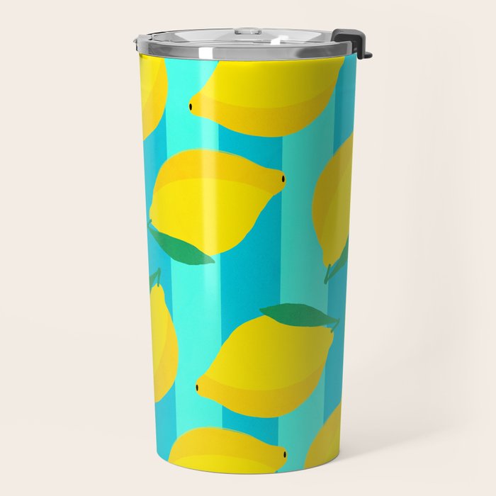 Le citron - lemon fruit market poster on aqua and turquoise stripes Travel Mug Gallery Image 2