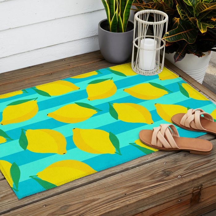 Le citron - lemon fruit market poster on aqua and turquoise stripes Outdoor Rug Gallery Image 2