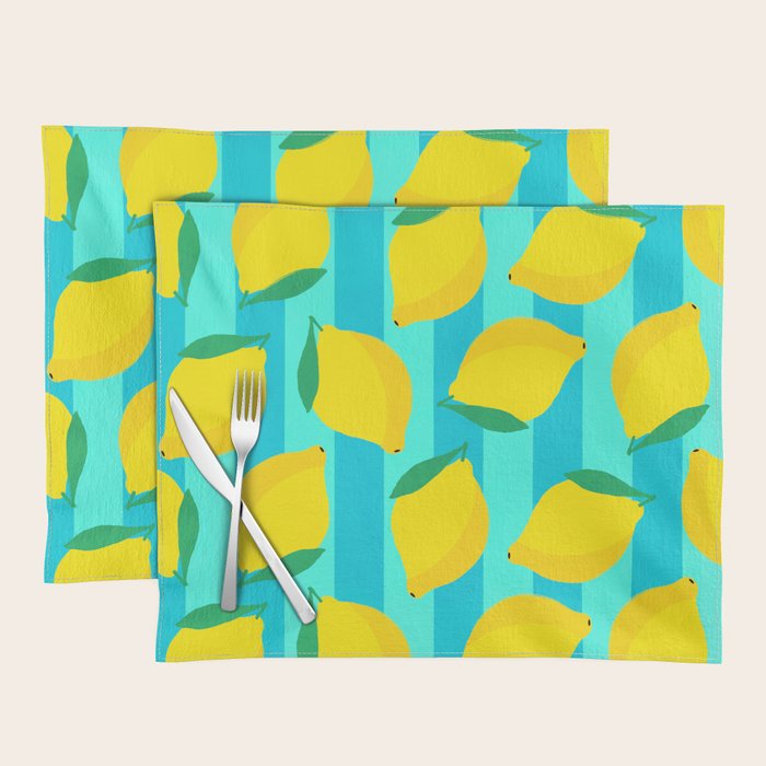 Le citron - lemon fruit market poster on aqua and turquoise stripes Placemat Gallery Image 1