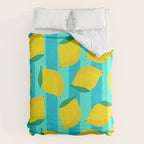 Le citron - lemon fruit market poster on aqua and turquoise stripes Duvet Cover Gallery Image 6