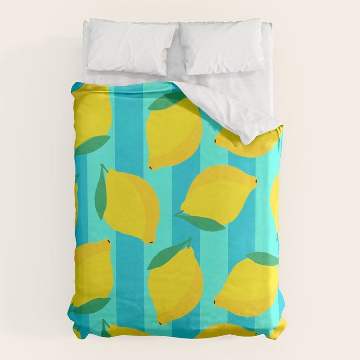 Le citron - lemon fruit market poster on aqua and turquoise stripes Duvet Cover Gallery Image 6