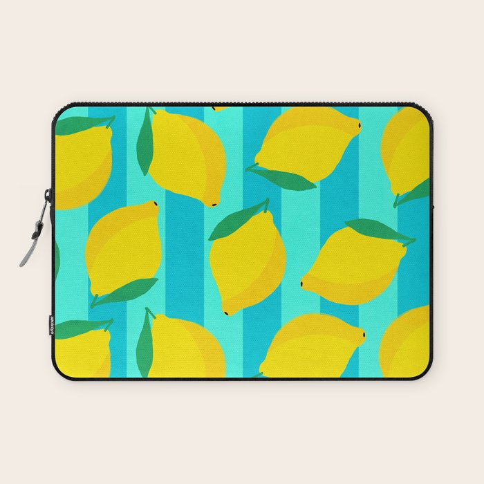 Le citron - lemon fruit market poster on aqua and turquoise stripes Laptop Sleeve Gallery Image 1