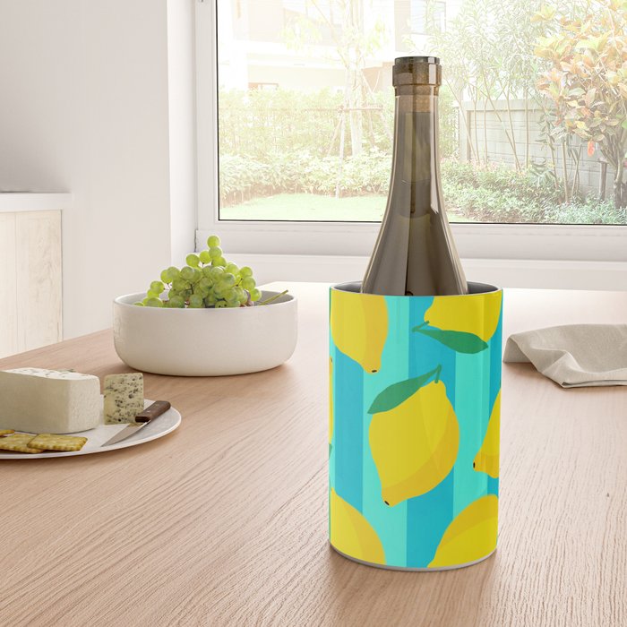 Le citron - lemon fruit market poster on aqua and turquoise stripes Wine Chiller Gallery Image 4