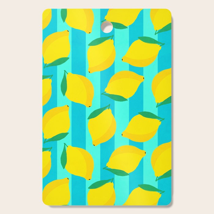 Le citron - lemon fruit market poster on aqua and turquoise stripes Cutting Board Gallery Image 1
