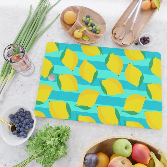 Le citron - lemon fruit market poster on aqua and turquoise stripes Cutting Board Gallery Image 2