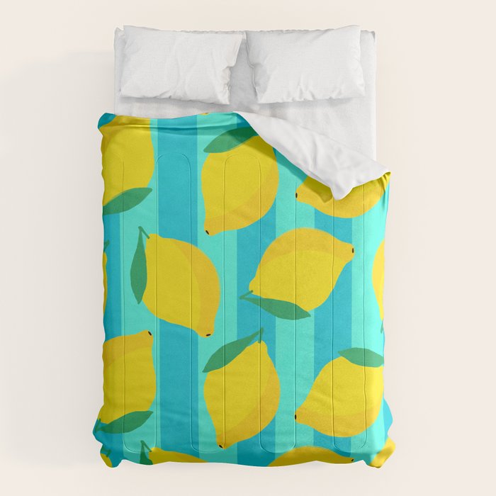 Le citron - lemon fruit market poster on aqua and turquoise stripes Comforter Gallery Image 1