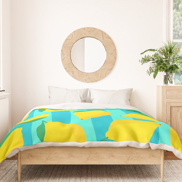 Le citron - lemon fruit market poster on aqua and turquoise stripes Duvet Cover Gallery Image 3