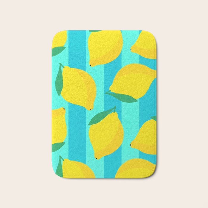 Le citron - lemon fruit market poster on aqua and turquoise stripes Bath Mat Gallery Image 1