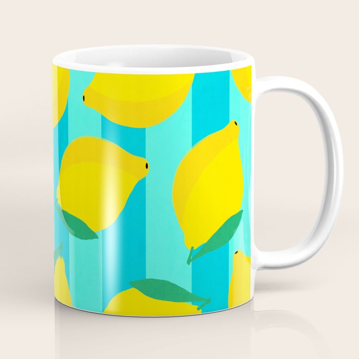 Le citron - lemon fruit market poster on aqua and turquoise stripes Coffee Mug Gallery Image 1