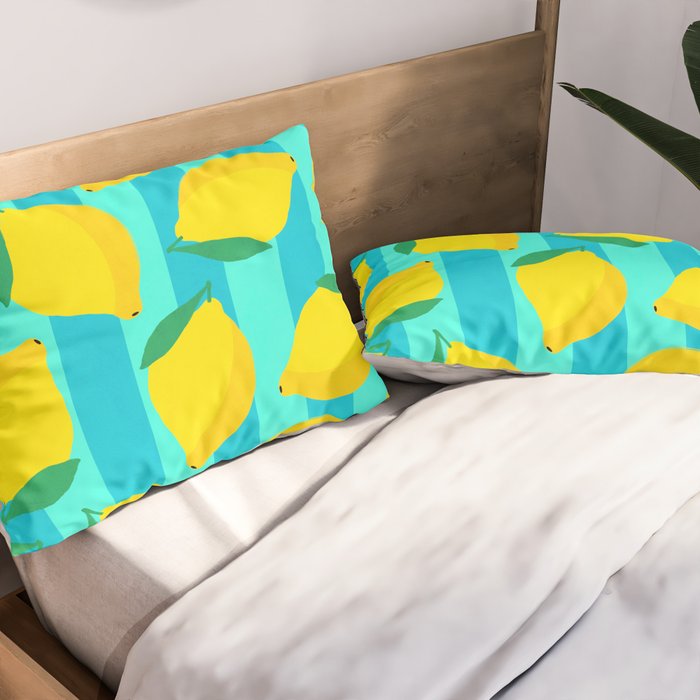 Le citron - lemon fruit market poster on aqua and turquoise stripes Pillow Sham Gallery Image 2
