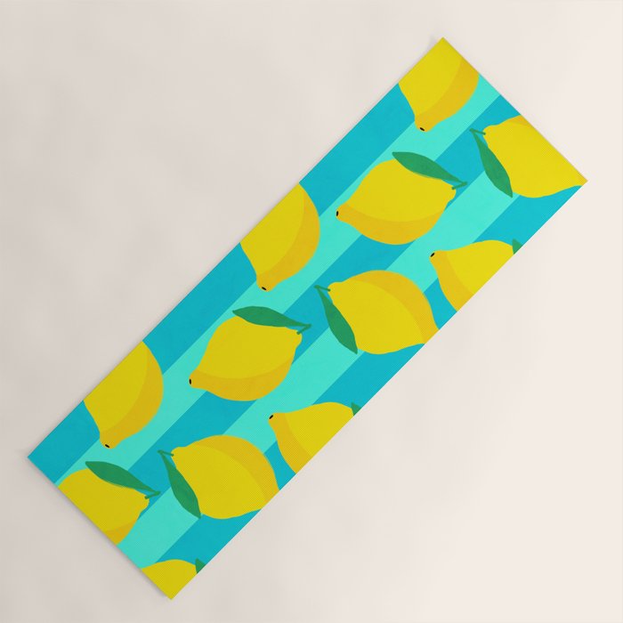 Le citron - lemon fruit market poster on aqua and turquoise stripes Yoga Mat Gallery Image 1