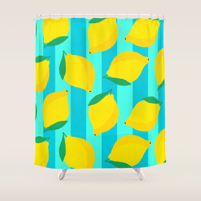 Le citron - lemon fruit market poster on aqua and turquoise stripes Shower Curtain Gallery Image 1
