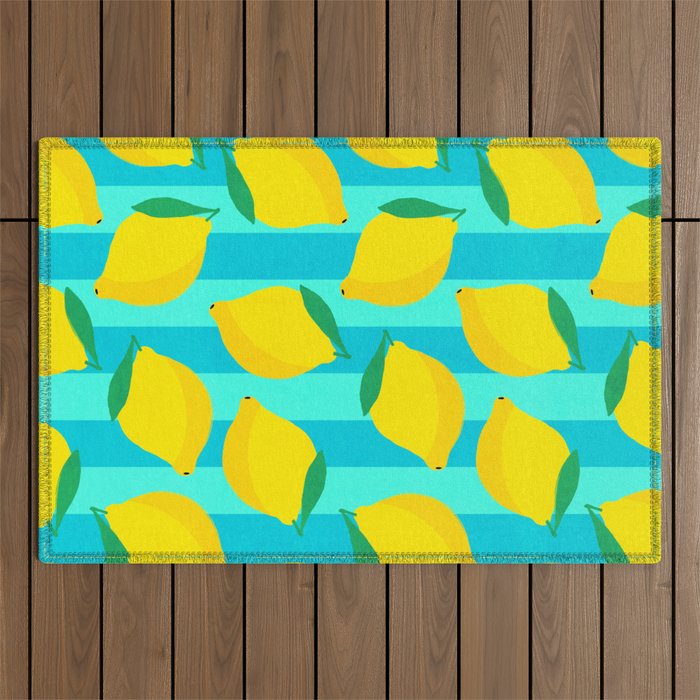 Le citron - lemon fruit market poster on aqua and turquoise stripes Outdoor Rug Gallery Image 1
