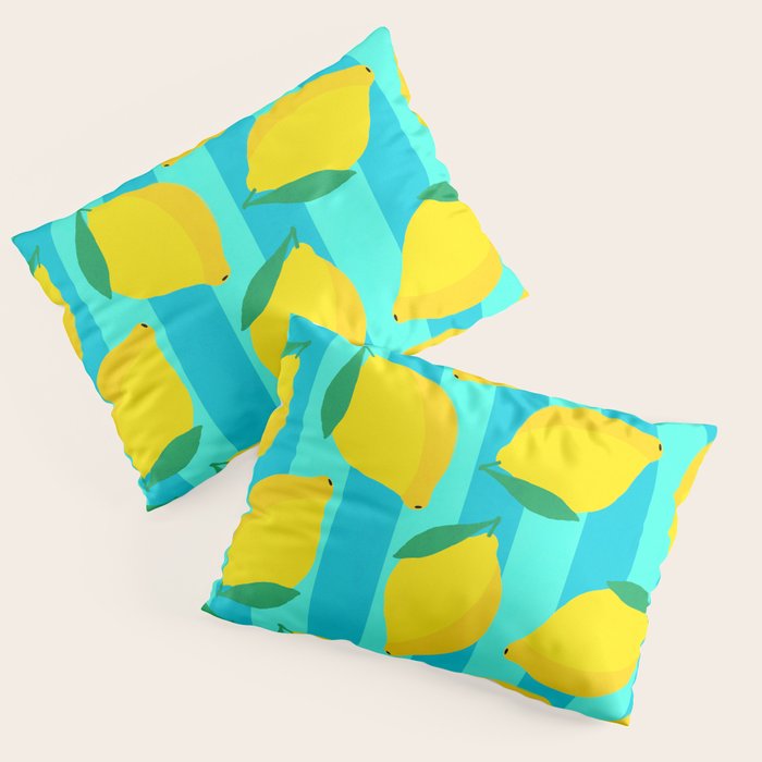 Le citron - lemon fruit market poster on aqua and turquoise stripes Pillow Sham Gallery Image 1