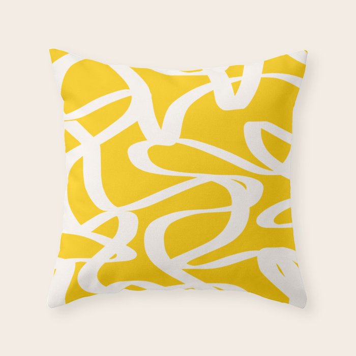 Yellow And White Brush Strokes, Abstract Art, Exhibition Poster, Mid Century Modern Throw Pillow Gallery Image 6