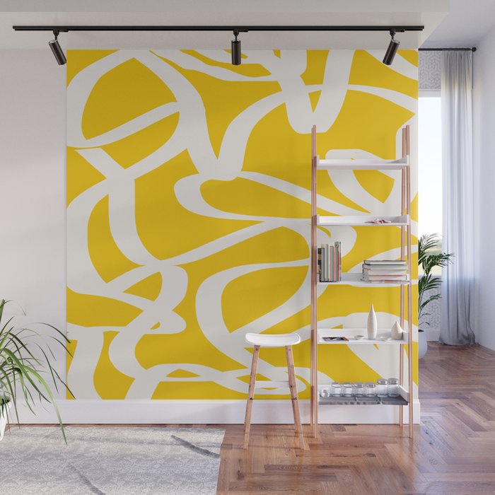 Yellow And White Brush Strokes, Abstract Art, Exhibition Poster, Mid Century Modern Wall Mural Gallery Image 1