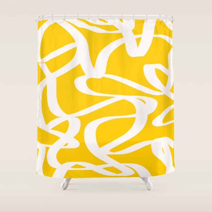 Yellow And White Brush Strokes, Abstract Art, Exhibition Poster, Mid Century Modern Shower Curtain Gallery Image 1