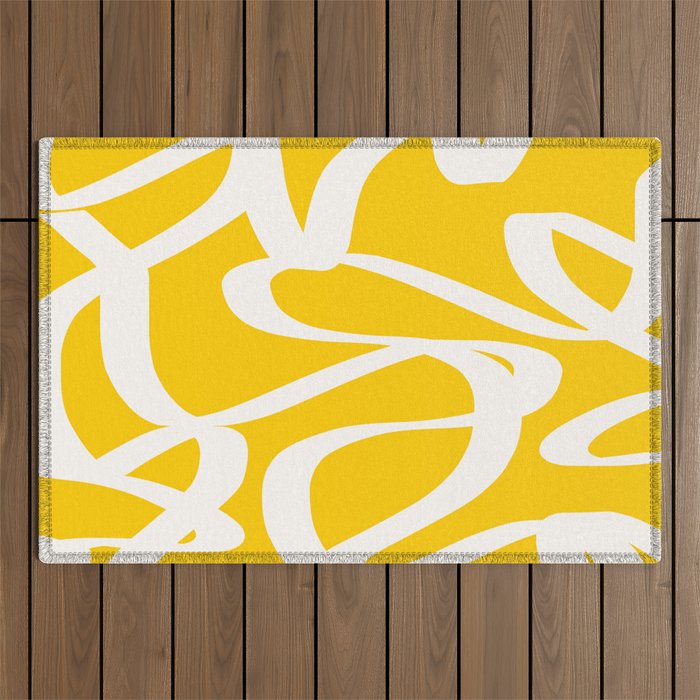 Yellow And White Brush Strokes, Abstract Art, Exhibition Poster, Mid Century Modern Outdoor Rug Gallery Image 1